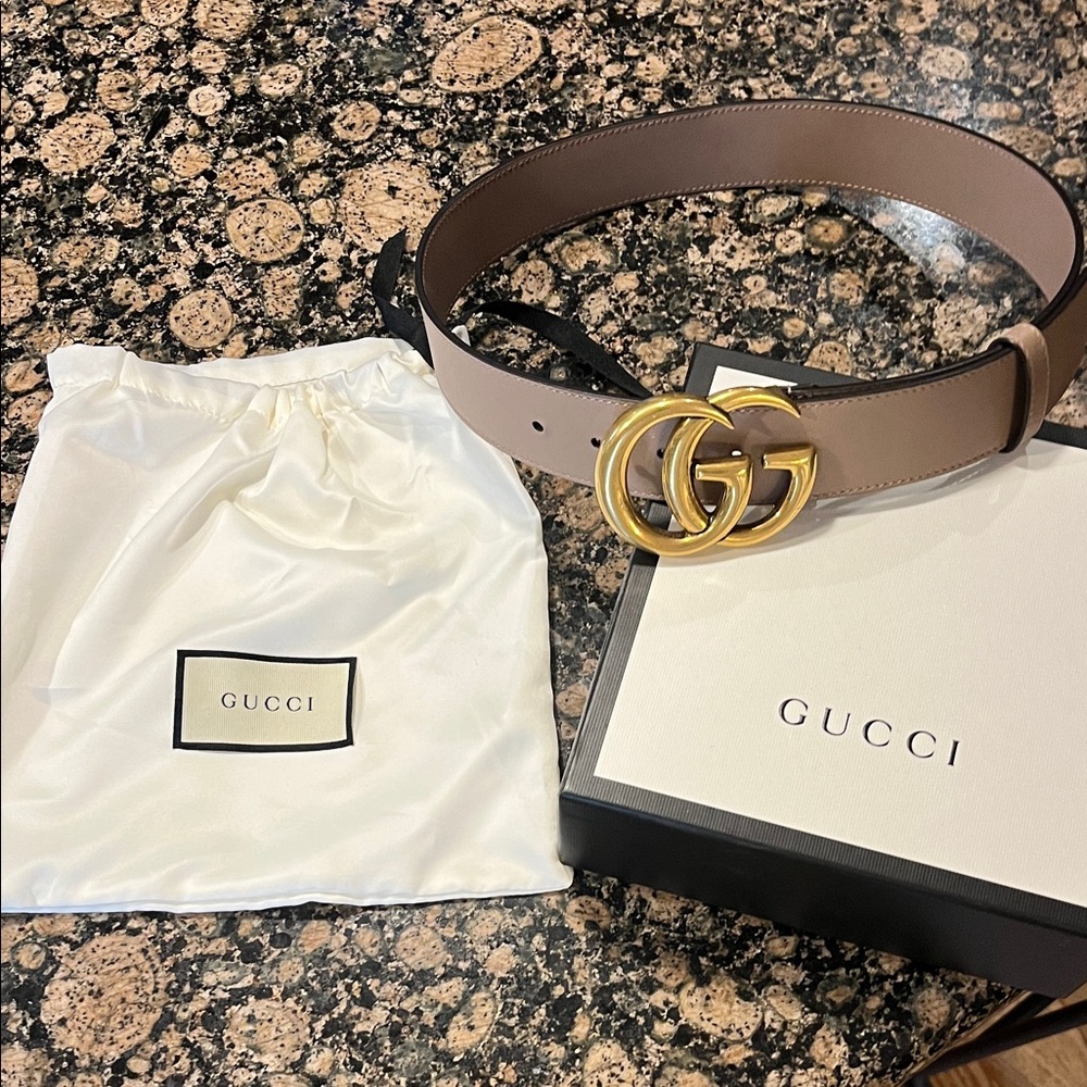 Gucci Tan Leather Belt with Gold Double G Buckle-Worn once!!
